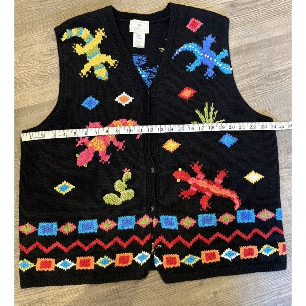 90s Vintage Susan Bristol Lizard Cactus Hand Knit Vest Colorful Women Size 2W